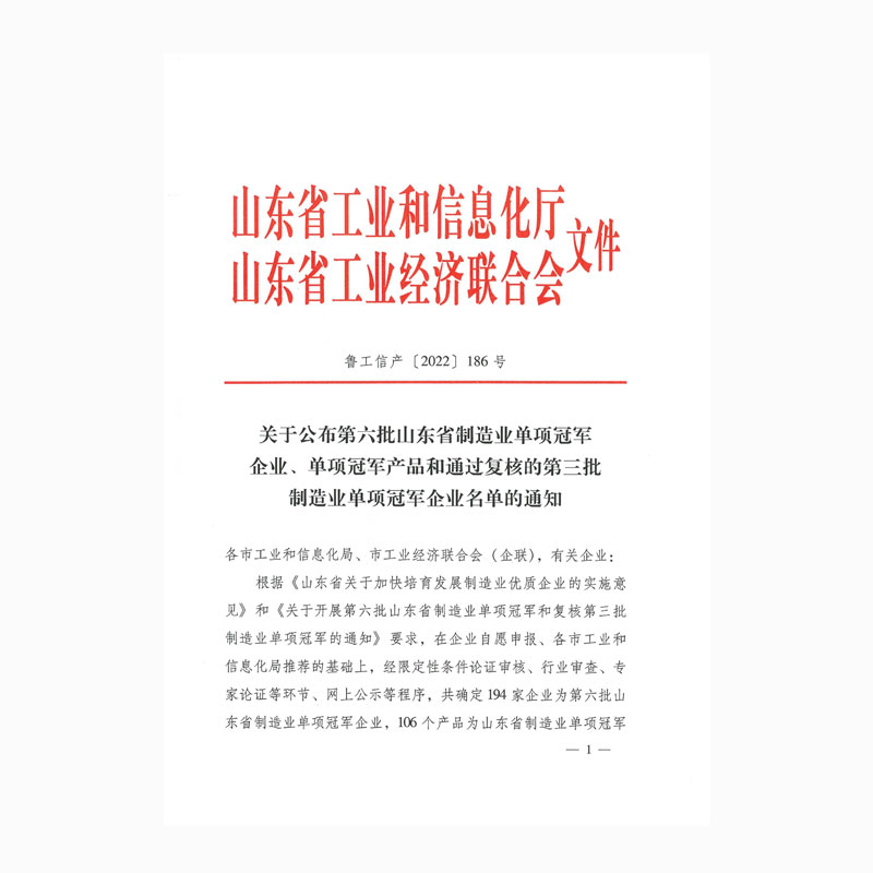 關于公布第六批山東省制造業(yè)單項冠軍企業(yè)、單項冠軍產(chǎn)品和通過復核的第三批制造業(yè)單項冠軍企業(yè)名單的通知